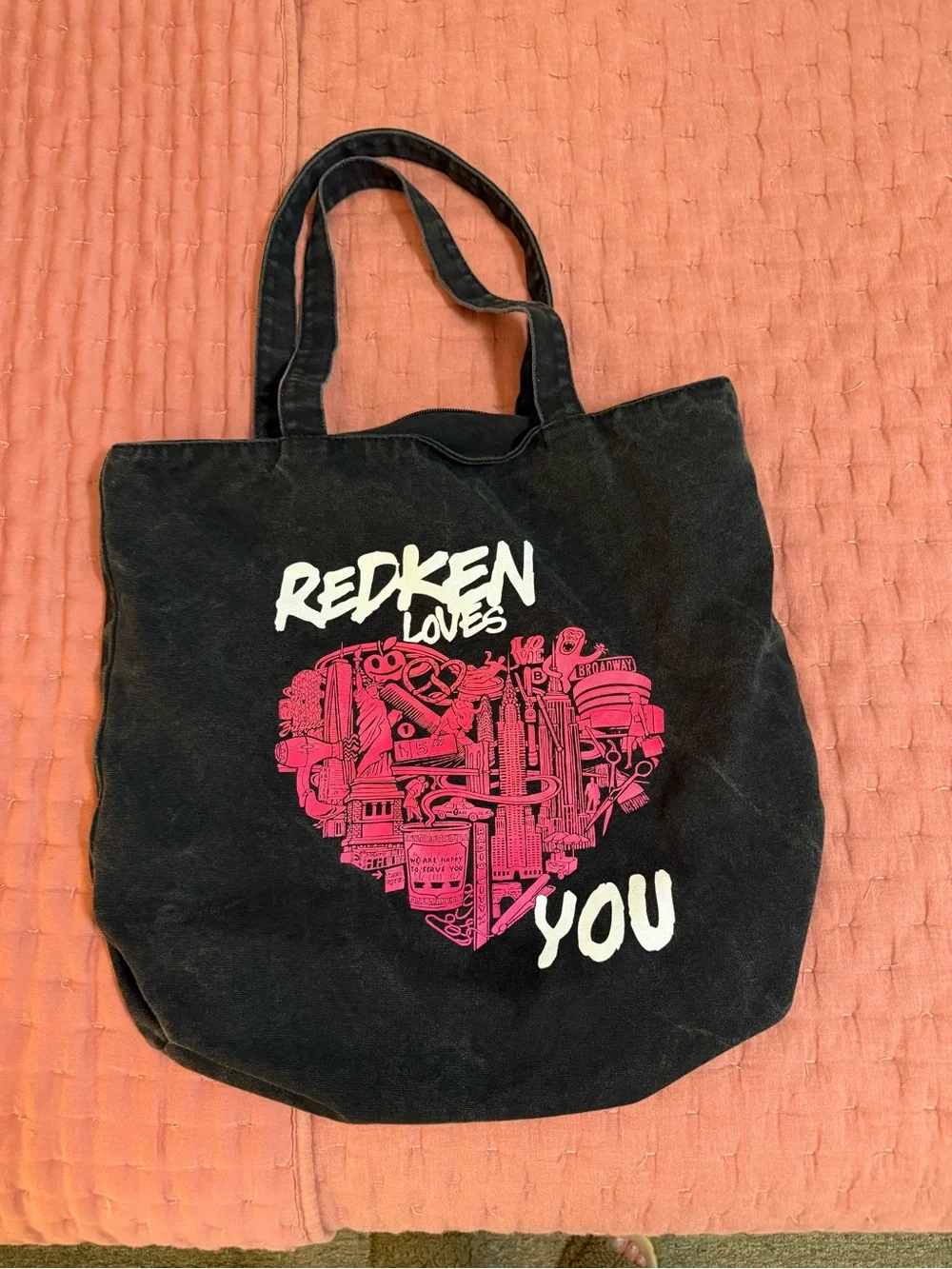 Redken Black denim Tote Bag with Pink Heart Graphic